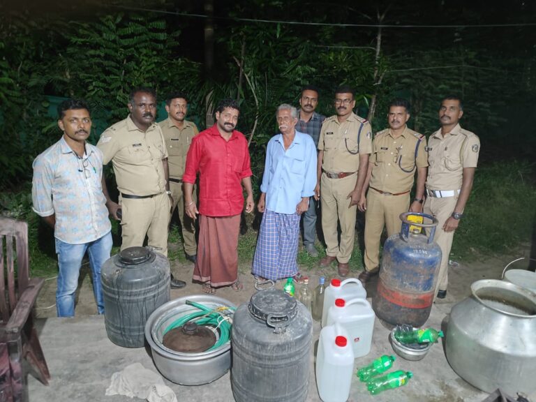 വാടകവീട്ടില്‍ ചാരായനിര്‍മ്മാണം; പ്രതികള്‍ അറസ്റ്റില്‍ 32 ലിറ്ററോളം ചാരായവും ഉപകരണങ്ങളും പിടികൂടി .